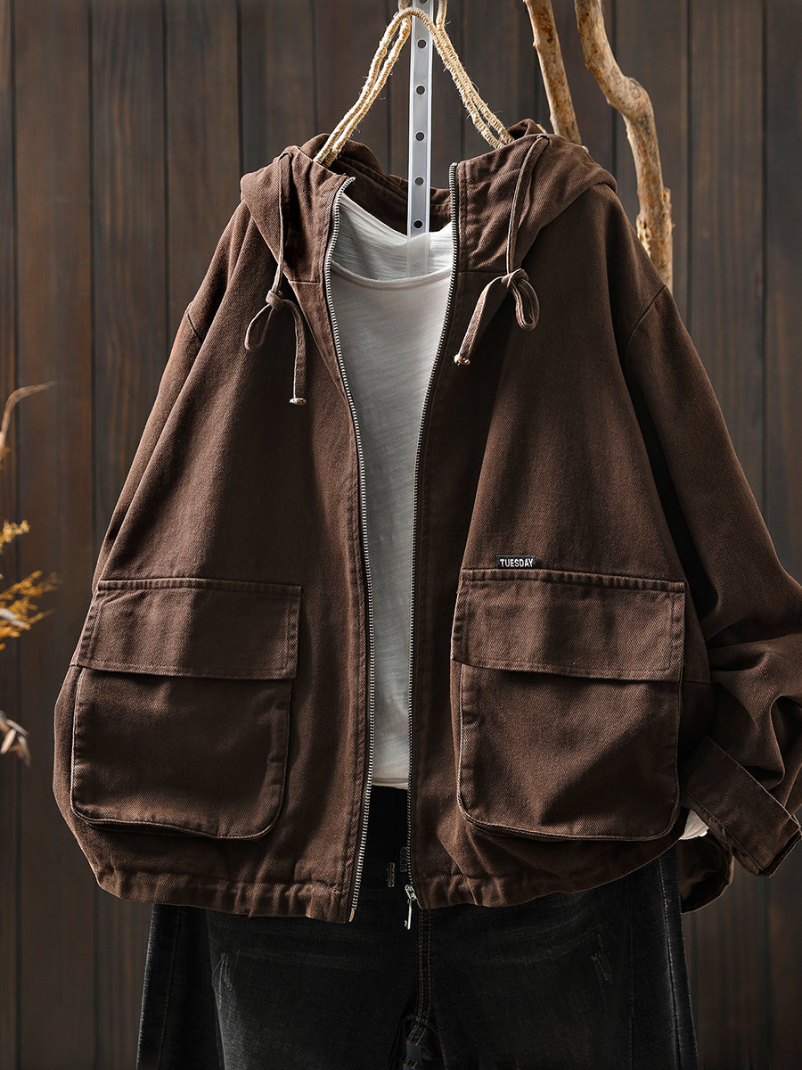 Women Autumn Pure Color Hooded Cotton Cardigan Coat