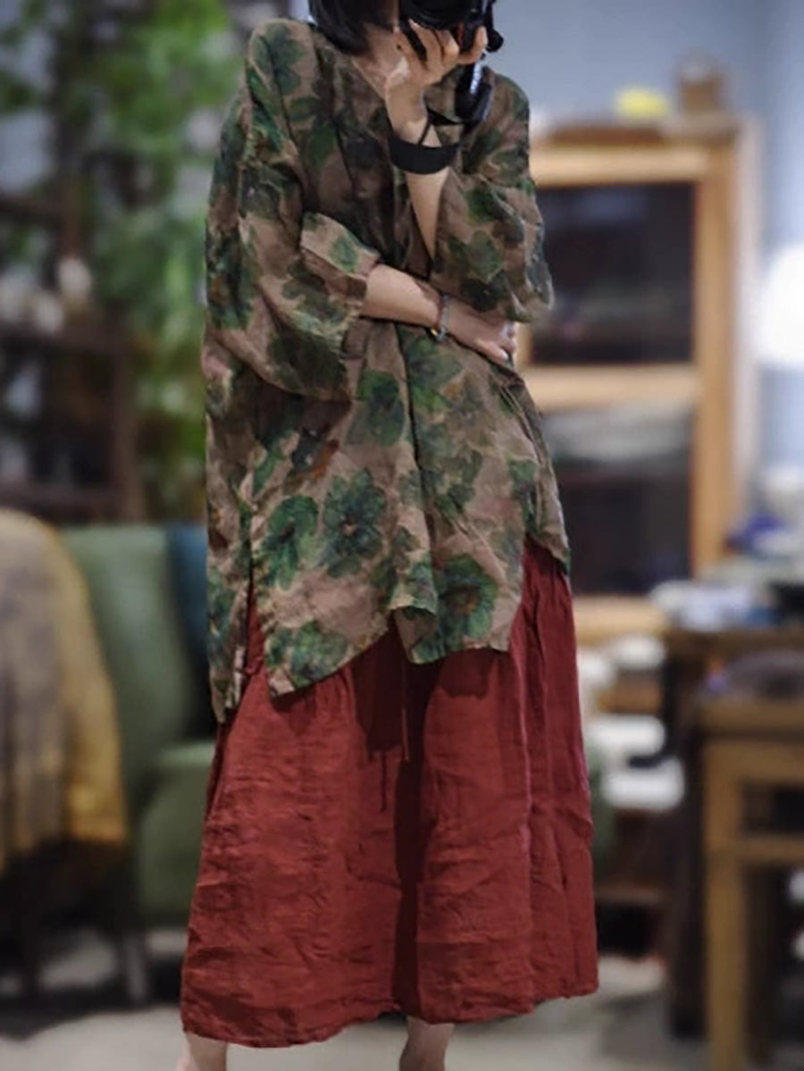 Women Autumn Artsy Flower V-Neck Ramie Shirt