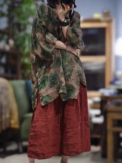 Women Autumn Artsy Flower V-Neck Ramie Shirt