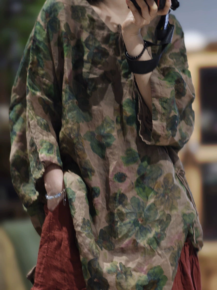 Women Autumn Artsy Flower V-Neck Ramie Shirt