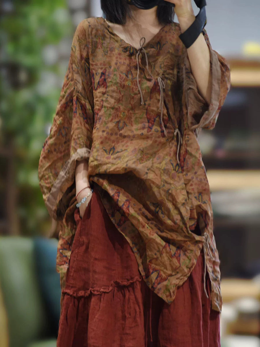 Women Autumn Artsy Flower V-Neck Ramie Shirt