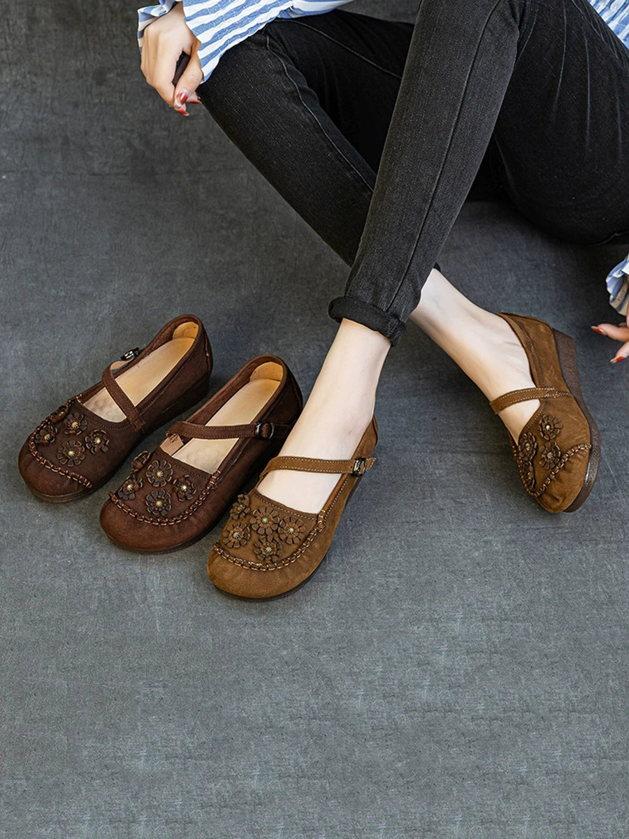 Women Summer Vintage Flower Leather Low Heel Shoes
