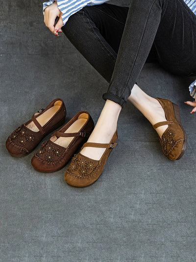 Women Summer Vintage Flower Leather Low Heel Shoes