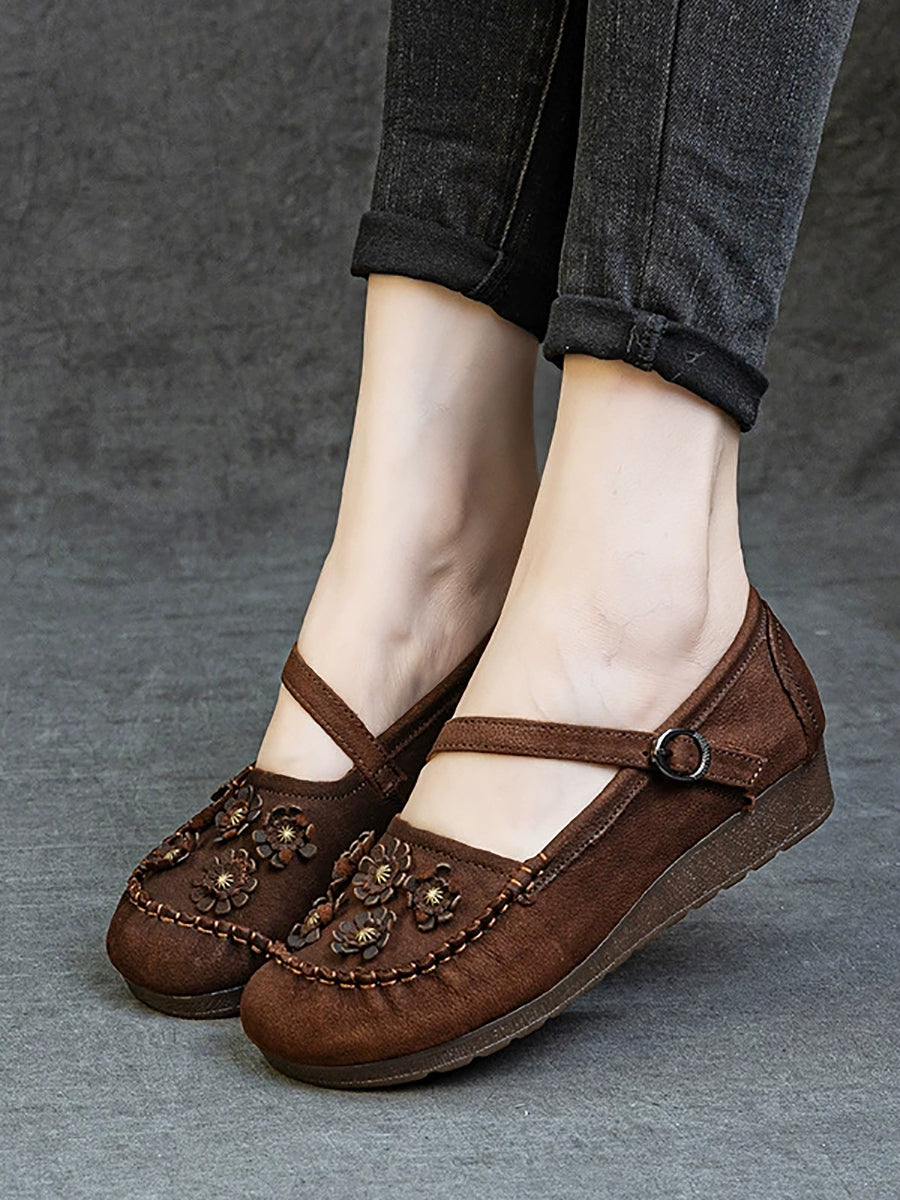 Women Summer Vintage Flower Leather Low Heel Shoes