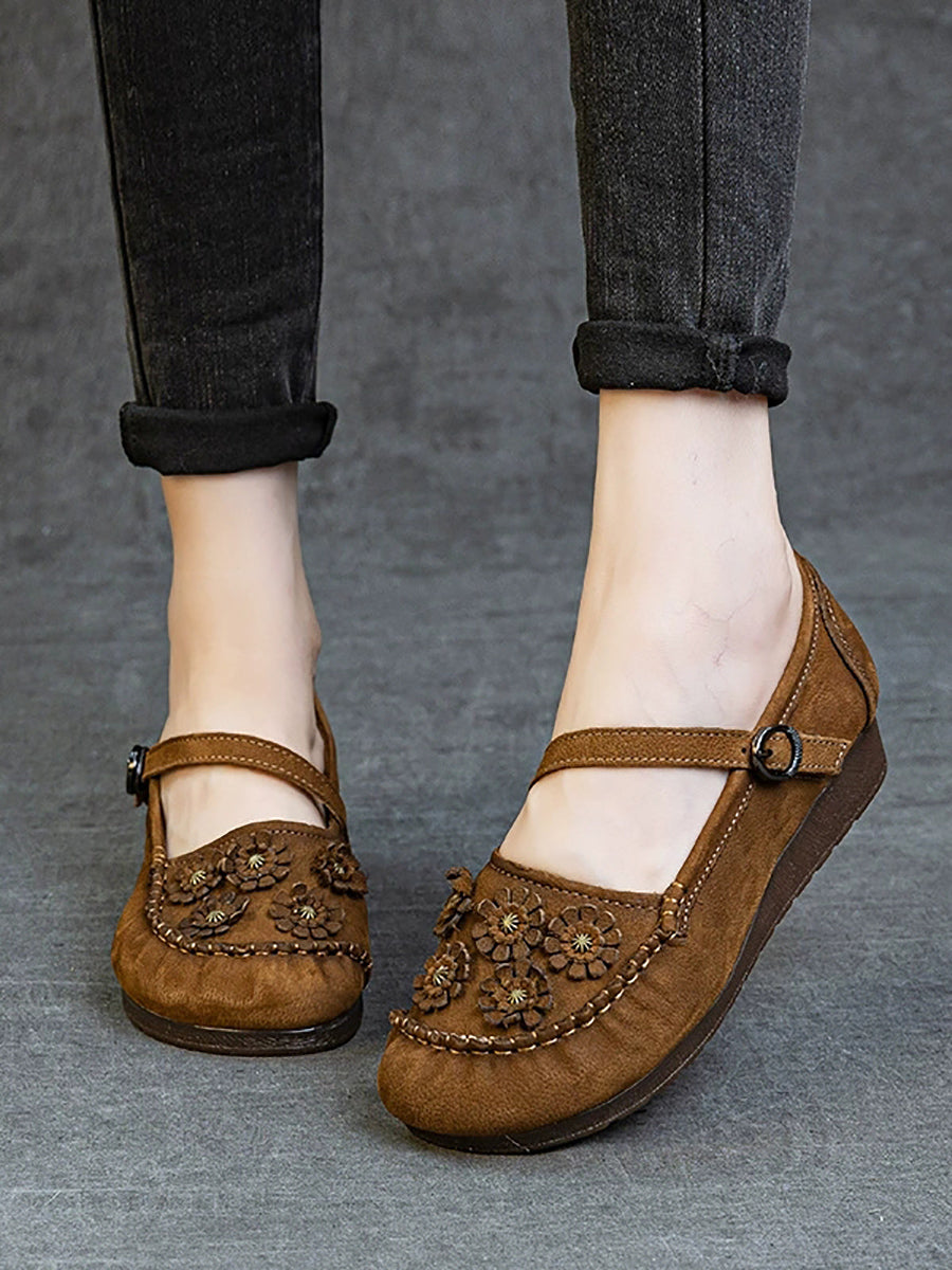 Women Summer Vintage Flower Leather Low Heel Shoes