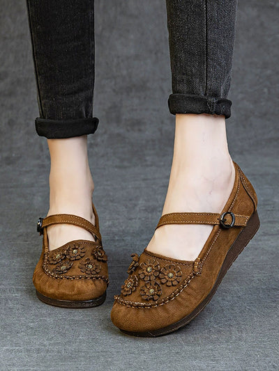 Women Summer Vintage Flower Leather Low Heel Shoes
