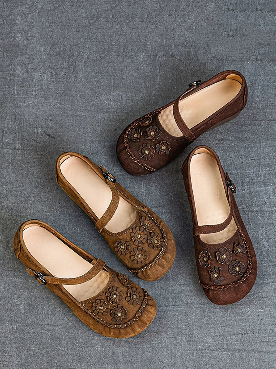 Women Summer Vintage Flower Leather Low Heel Shoes