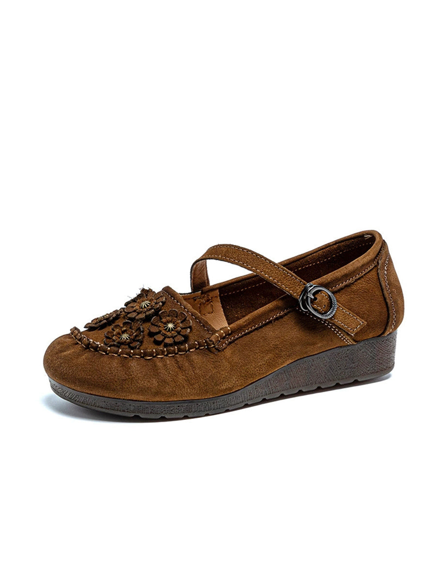 Women Summer Vintage Flower Leather Low Heel Shoes