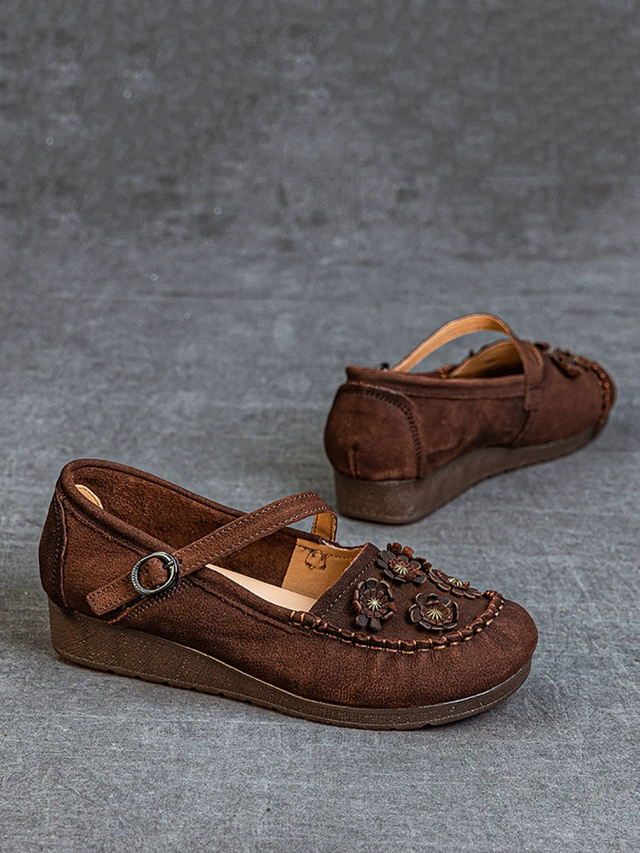Women Summer Vintage Flower Leather Low Heel Shoes