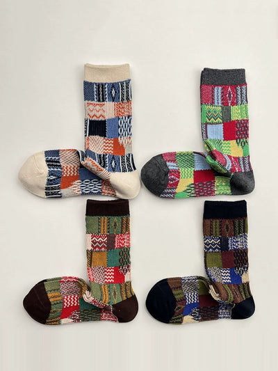 4 Pairs Women Plaid Knitted Mid Heel Socks