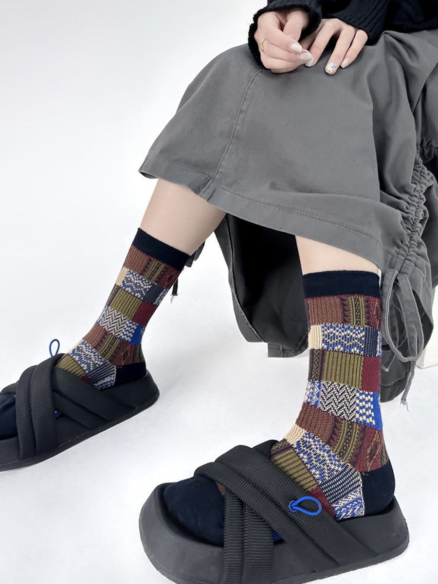 4 Pairs Women Plaid Knitted Mid Heel Socks