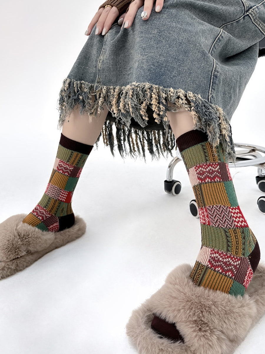 4 Pairs Women Plaid Knitted Mid Heel Socks