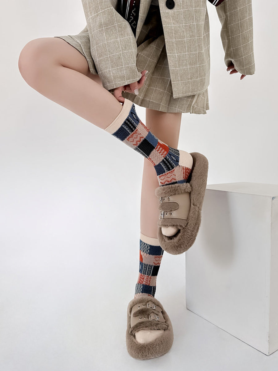 4 Pairs Women Plaid Knitted Mid Heel Socks