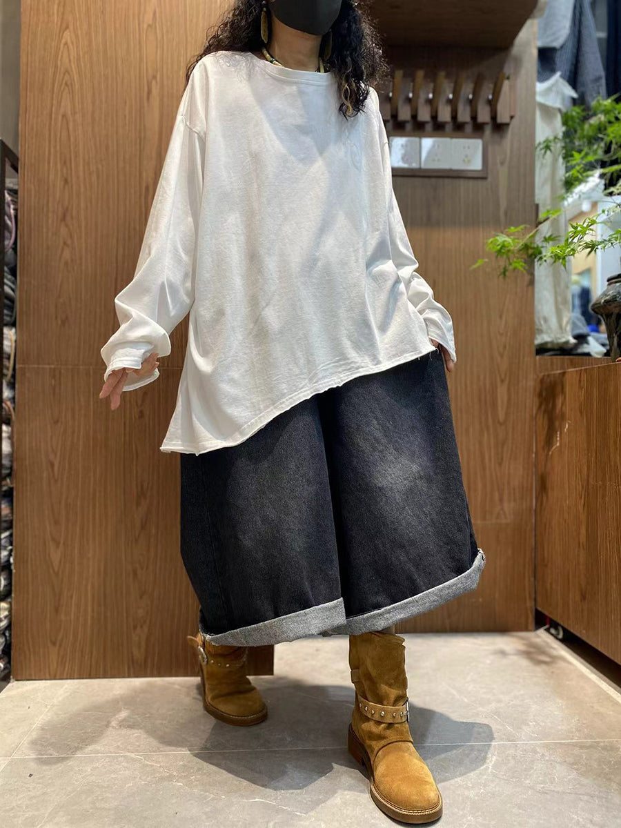 Plus Size Women Autumn Casual Pure Color 100%Cotton O-Neck Shirt