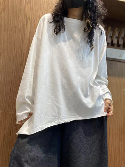 Plus Size Women Autumn Casual Pure Color 100%Cotton O-Neck Shirt