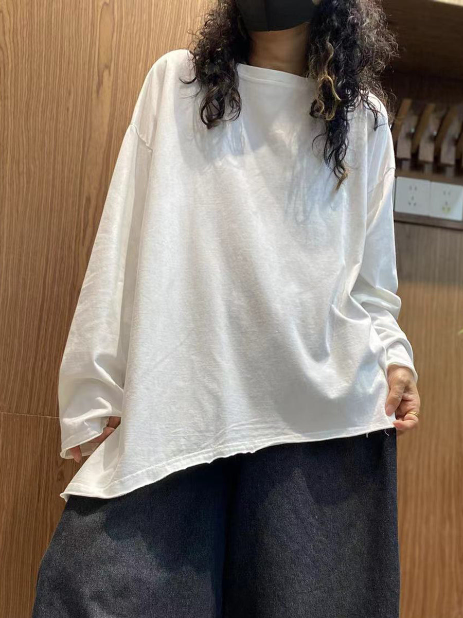 Plus Size Women Autumn Casual Pure Color 100%Cotton O-Neck Shirt