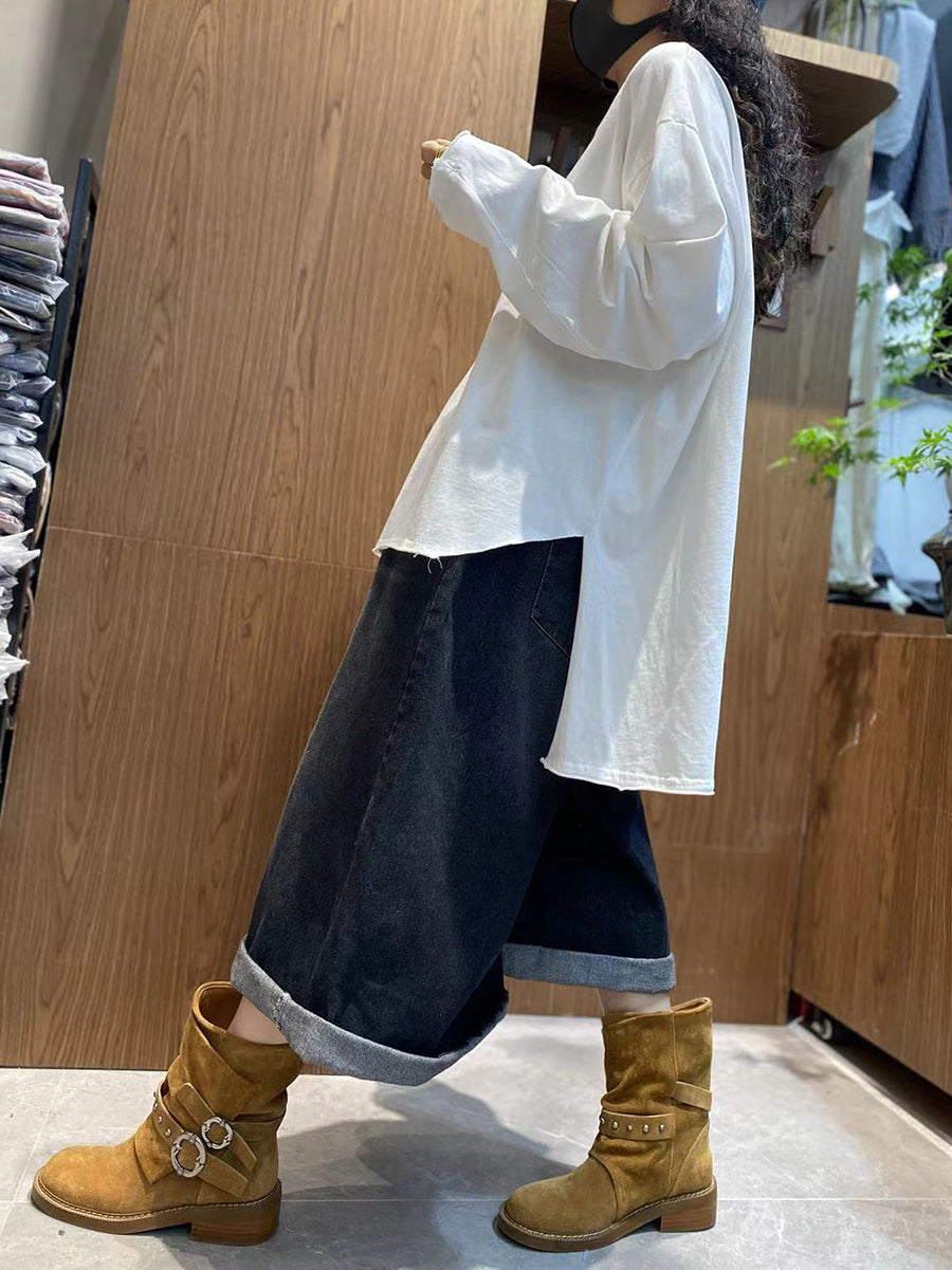 Plus Size Women Autumn Casual Pure Color 100%Cotton O-Neck Shirt