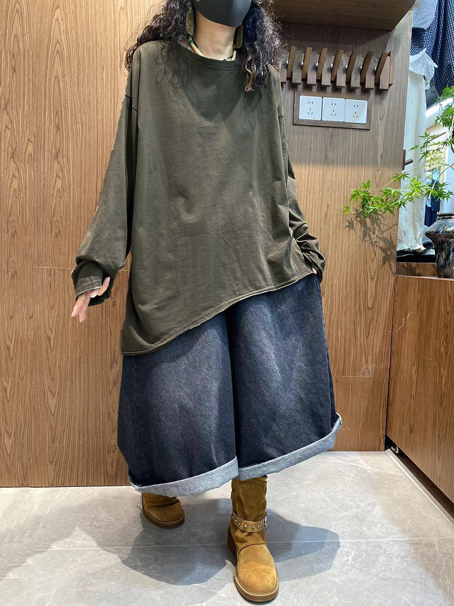 Plus Size Women Autumn Casual Pure Color 100%Cotton O-Neck Shirt