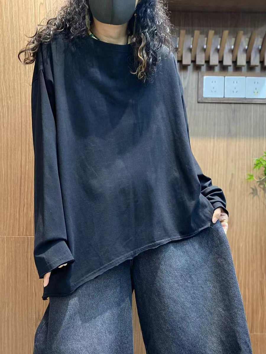 Plus Size Women Autumn Casual Pure Color 100%Cotton O-Neck Shirt