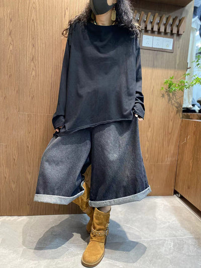 Plus Size Women Autumn Casual Pure Color 100%Cotton O-Neck Shirt