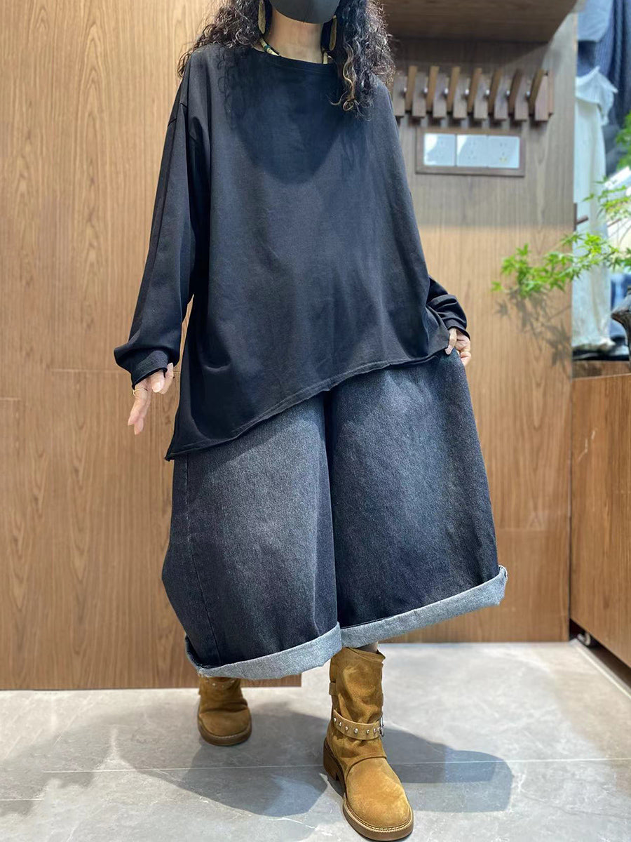 Plus Size Women Autumn Casual Pure Color 100%Cotton O-Neck Shirt