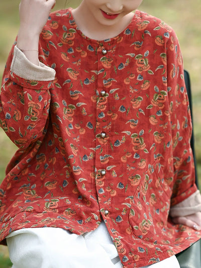 Women Autumn Flower 100%Cotton O-Neck Shirt