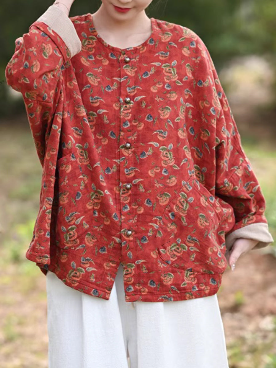 Women Autumn Flower 100%Cotton O-Neck Shirt