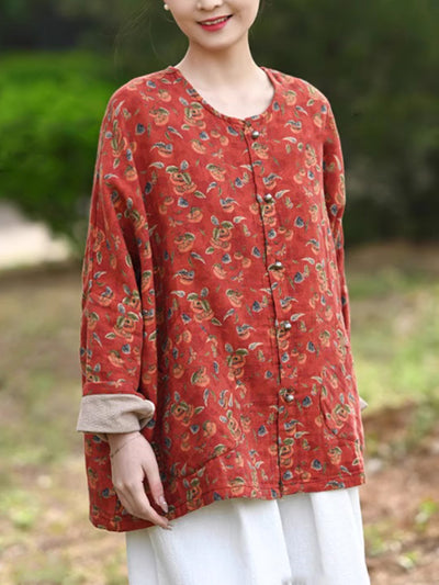 Women Autumn Flower 100%Cotton O-Neck Shirt