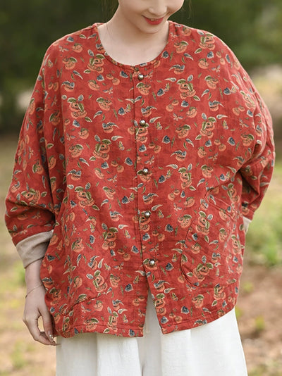 Women Autumn Flower 100%Cotton O-Neck Shirt