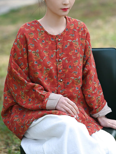 Women Autumn Flower 100%Cotton O-Neck Shirt