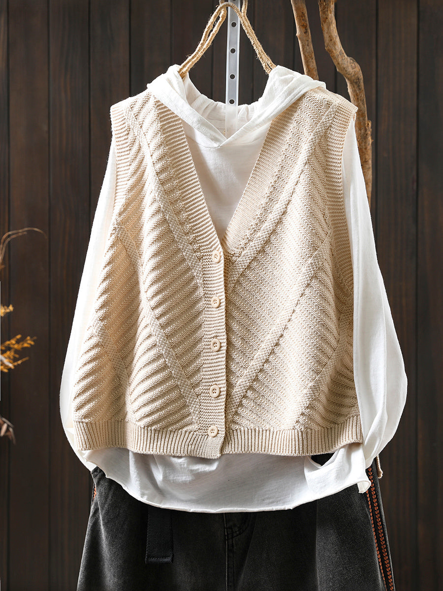 Women Autumn Casual Pure Color V-Neck Knitted Vest