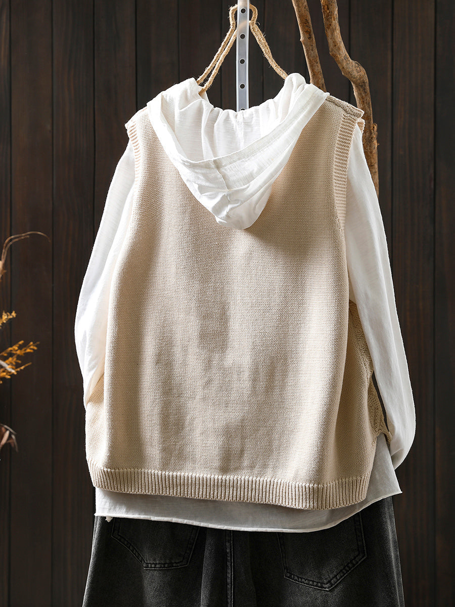 Women Autumn Casual Pure Color V-Neck Knitted Vest
