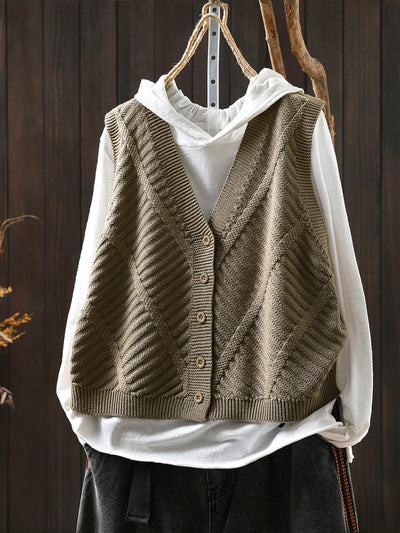 Women Autumn Casual Pure Color V-Neck Knitted Vest
