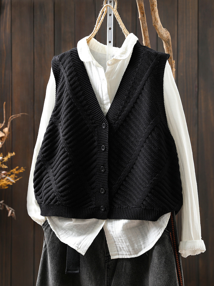 Women Autumn Casual Pure Color V-Neck Knitted Vest