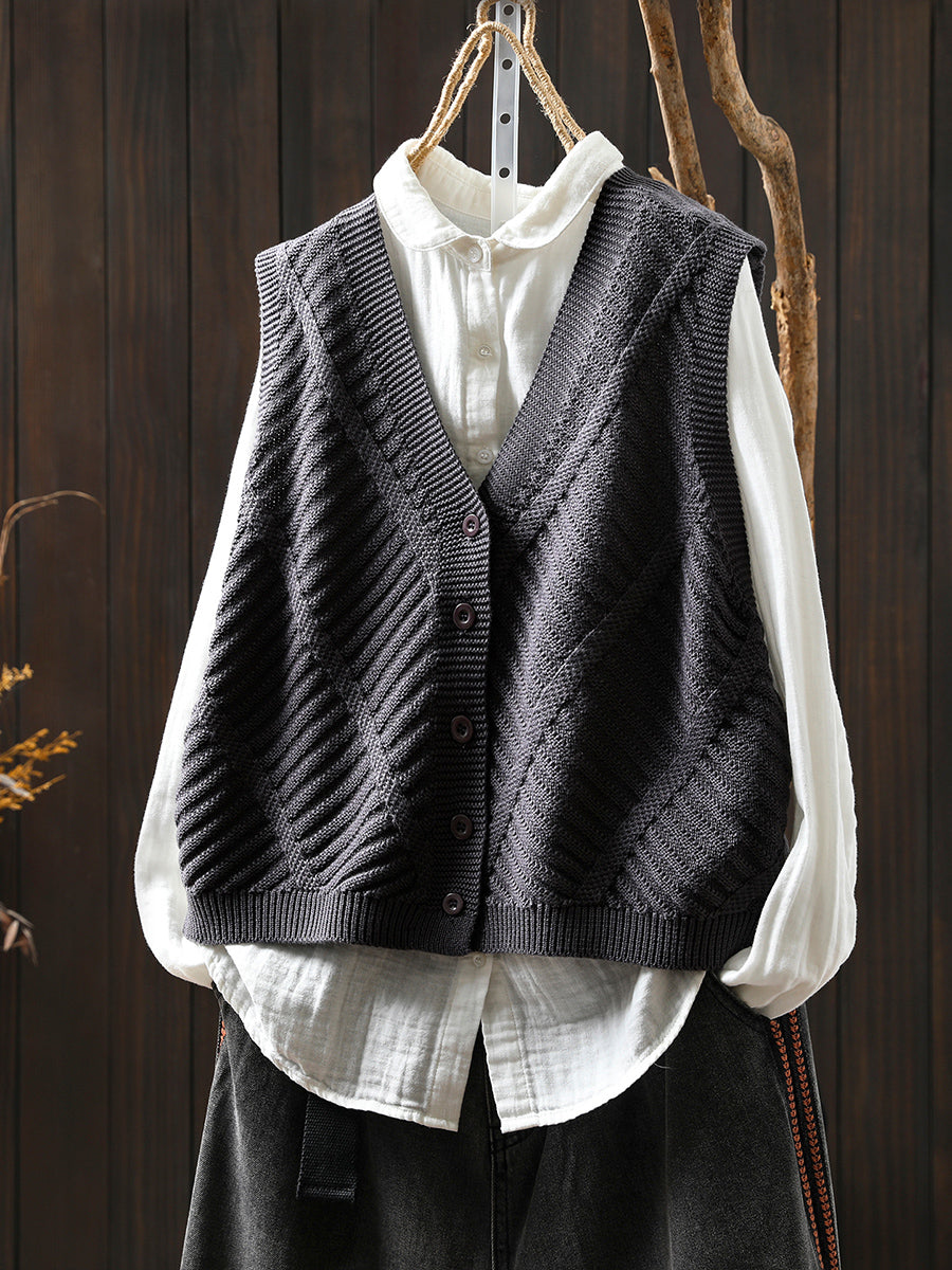 Women Autumn Casual Pure Color V-Neck Knitted Vest
