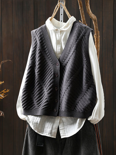 Women Autumn Casual Pure Color V-Neck Knitted Vest