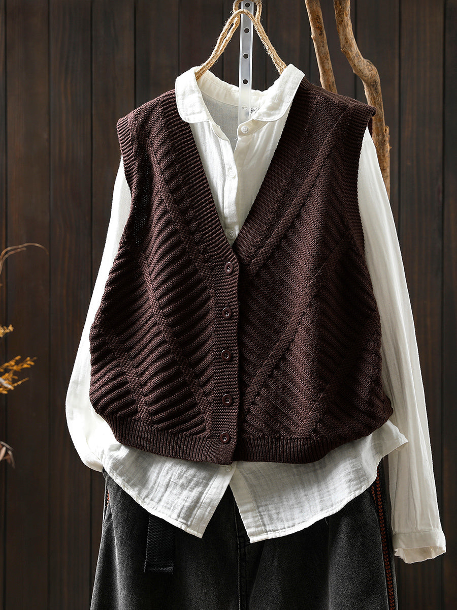 Women Autumn Casual Pure Color V-Neck Knitted Vest