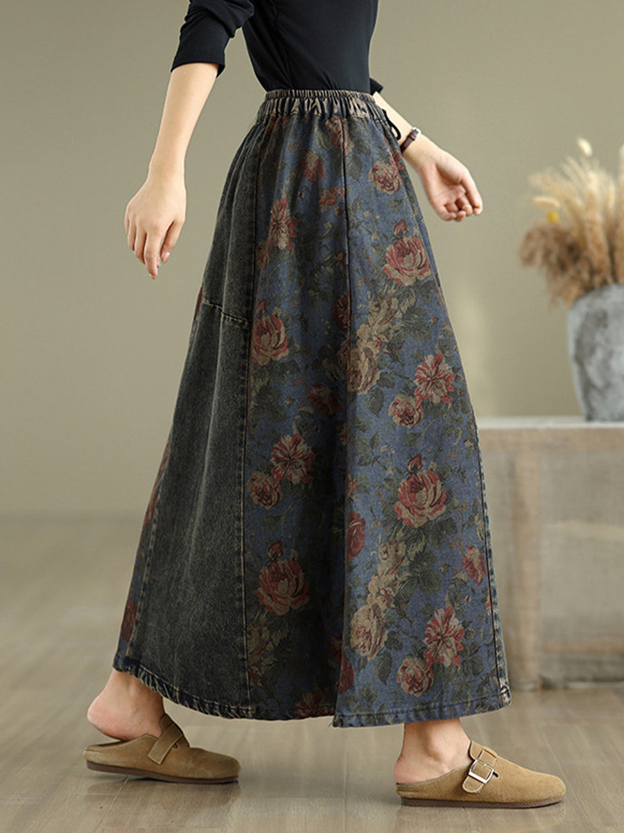 Women Retro Flower Washed Denim Spliced A-Shape Skirt