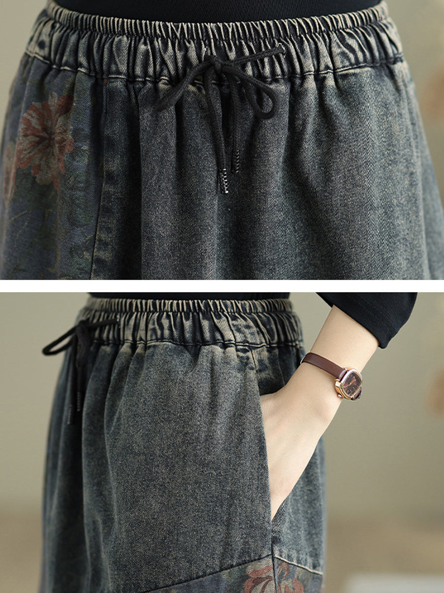 Women Retro Flower Washed Denim Spliced A-Shape Skirt