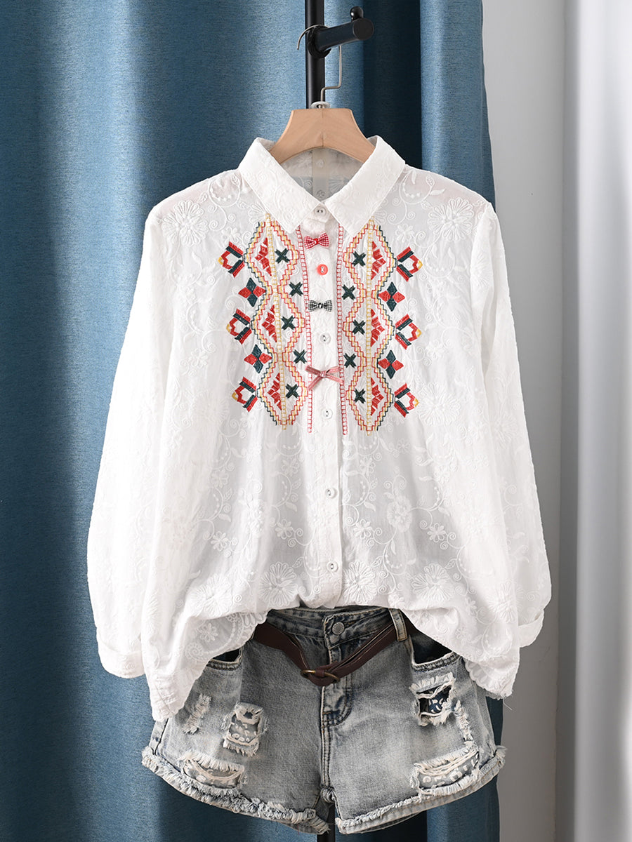 Women Autumn Artsy Flower Embroidery 100%Cotton Shirt