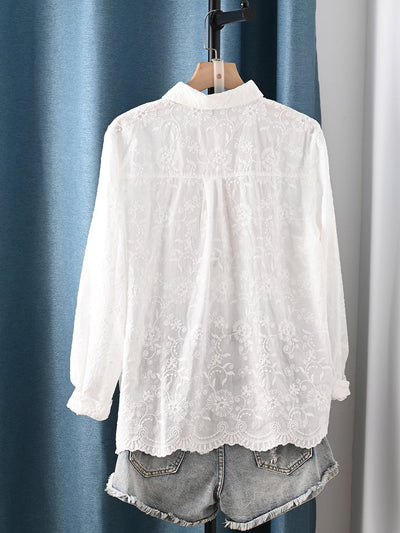 Women Autumn Artsy Flower Embroidery 100%Cotton Shirt