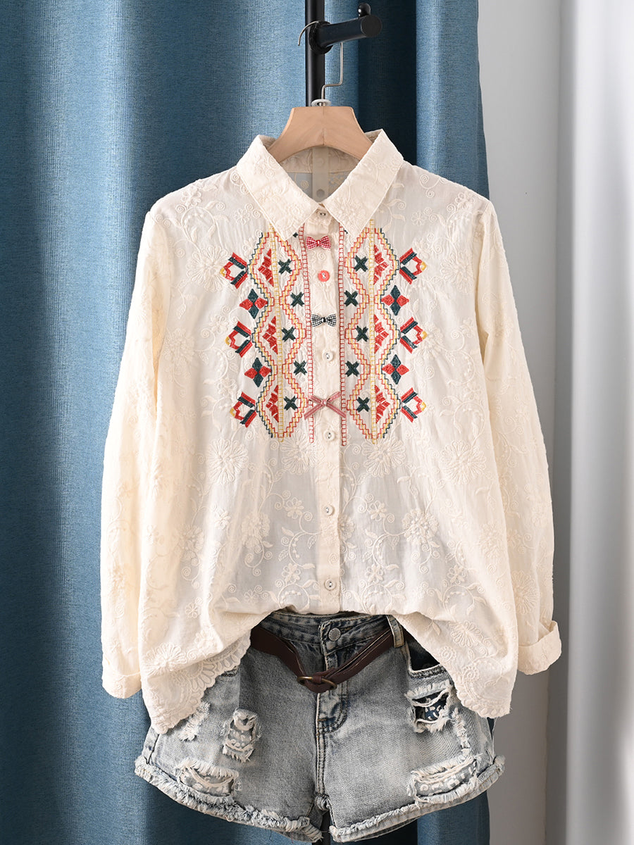 Women Autumn Artsy Flower Embroidery 100%Cotton Shirt