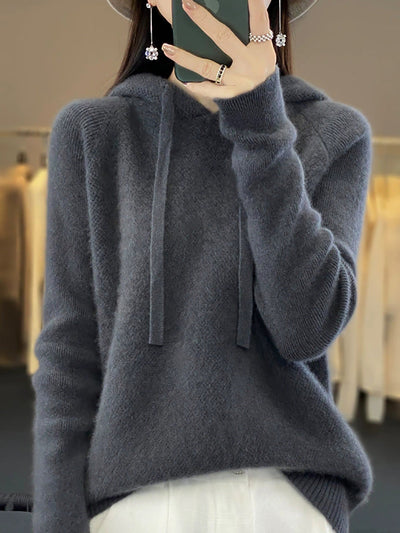 Women Autumn Casual Pure Color Hooded Sweater