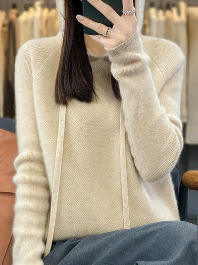Women Autumn Casual Pure Color Hooded Sweater