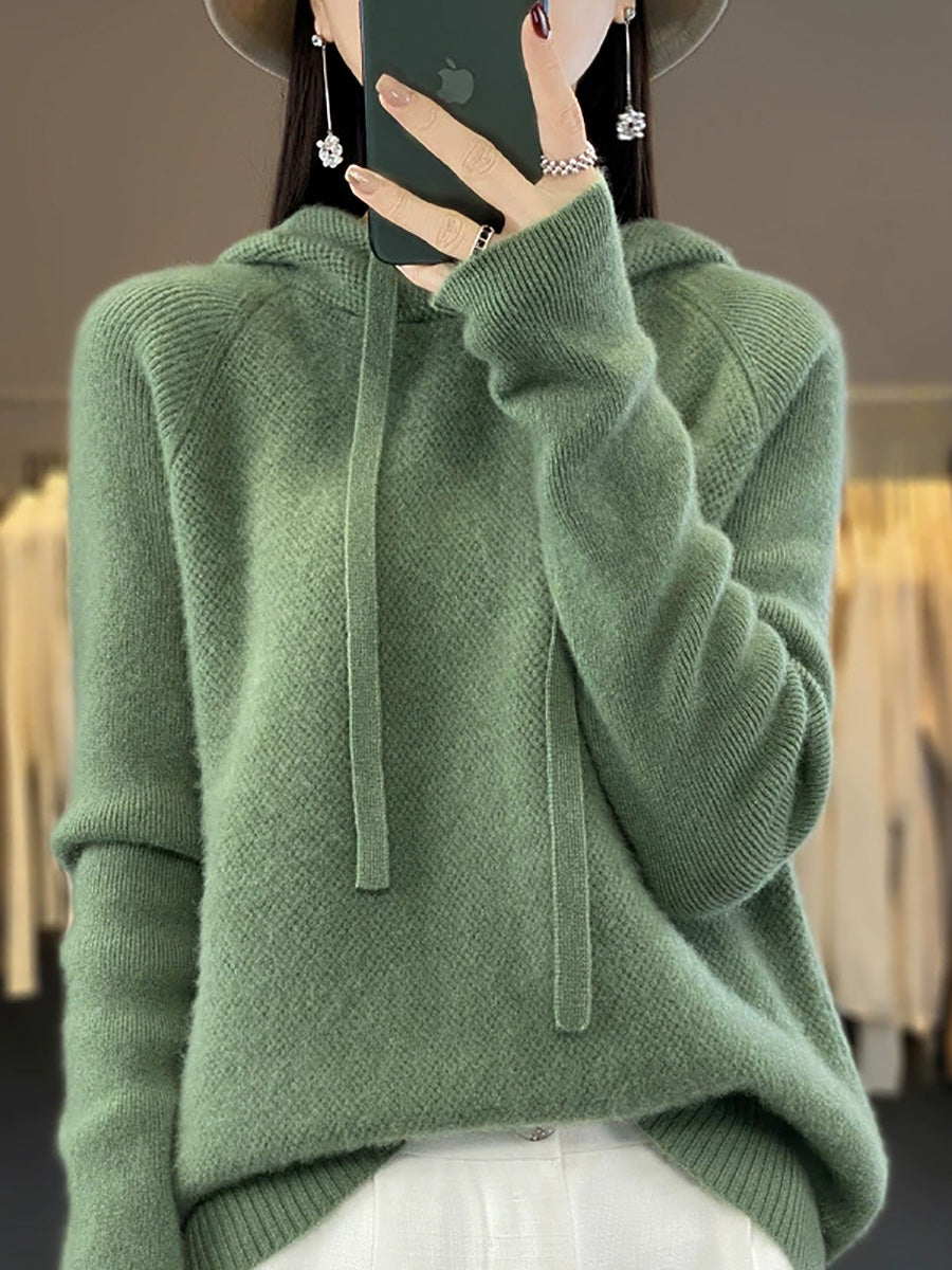 Women Autumn Casual Pure Color Hooded Sweater