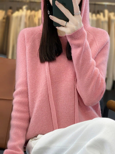 Women Autumn Casual Pure Color Hooded Sweater