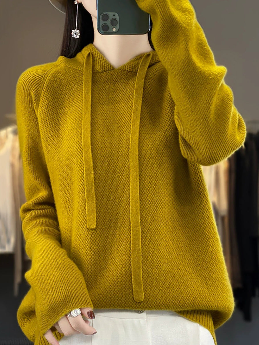 Women Autumn Casual Pure Color Hooded Sweater