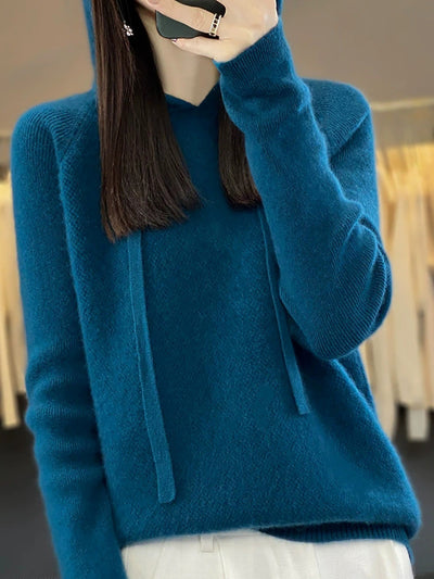 Women Autumn Casual Pure Color Hooded Sweater