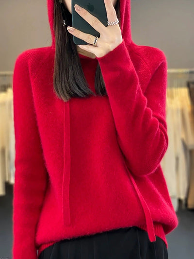Women Autumn Casual Pure Color Hooded Sweater