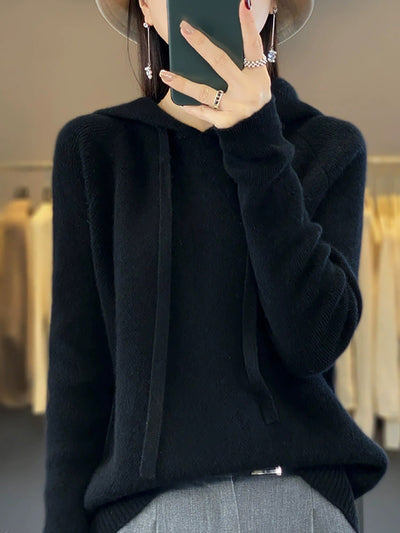 Women Autumn Casual Pure Color Hooded Sweater